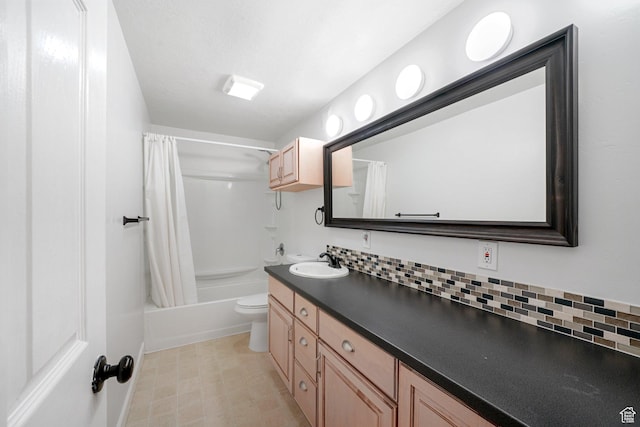 758 W Cedar View Dr, Saratoga Springs, UT 84045 - bathroom with vanity, shower / bathtub combination with curtain, tile patterned floors, and decorative backsplash