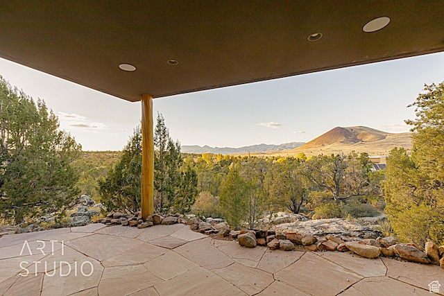 view of patio featuring a mountain view
