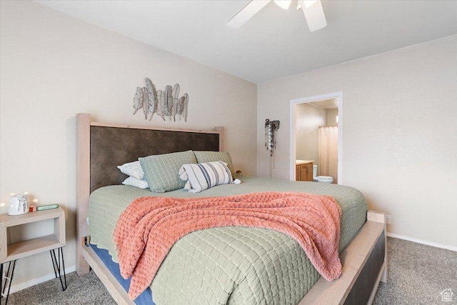 carpeted bedroom with ceiling fan and ensuite bathroom