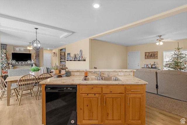 kitchen with dishwasher, a center island with sink, ceiling fan with notable chandelier, sink, and light hardwood / wood-style flooring