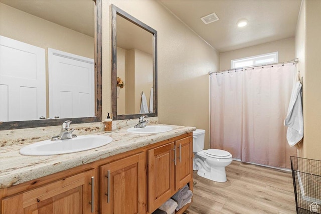 bathroom featuring wood-type flooring, vanity, and toilet