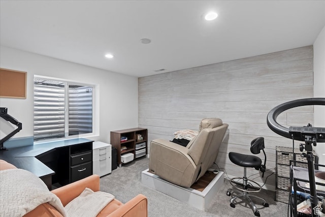 513 S Valkyries Ln, Saratoga Springs, UT 84045 - miscellaneous room with visible vents, wood walls, carpet, and recessed lighting