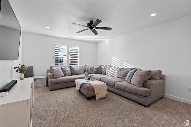513 S Valkyries Ln, Saratoga Springs, UT 84045 - carpeted living area featuring a textured ceiling, ceiling fan, baseboards, and recessed lighting