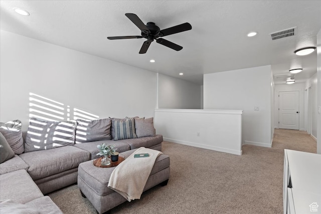 513 S Valkyries Ln, Saratoga Springs, UT 84045 - living area with baseboards, recessed lighting, a ceiling fan, visible vents, and light colored carpet