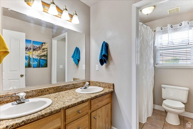 4068 S Schooner Dr, Saratoga Springs, UT 84045 - bathroom with tile patterned floors, double vanity, toilet, baseboards, and a shower with curtain