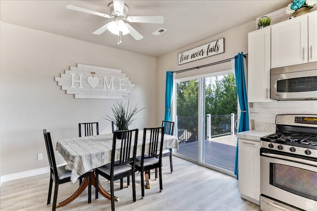 dining area featuring baseboards, visible vents, ceiling fan, and light wood-style floors