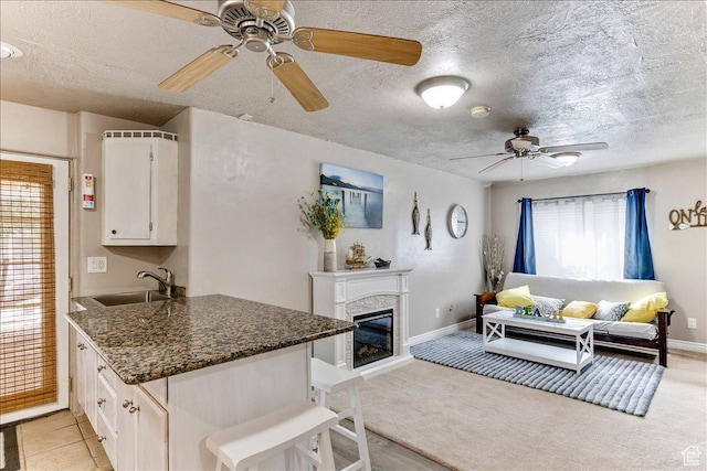 4068 S Schooner Dr, Saratoga Springs, UT 84045 - living room with a ceiling fan, a textured ceiling, baseboards, a glass covered fireplace, and light colored carpet