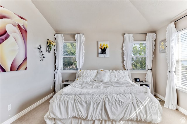 bedroom featuring lofted ceiling, multiple windows, light carpet, and baseboards