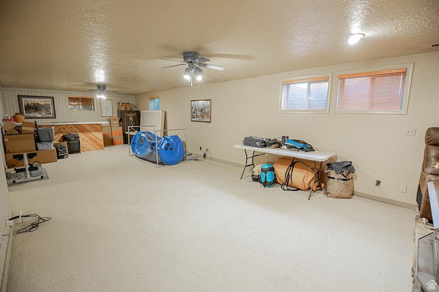 148 S Sunnybrook Dr, Salina, UT 84654 - basement with carpet flooring, a ceiling fan, a textured ceiling, and an office area
