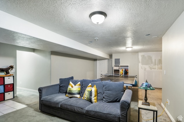 486 N 200 E, Santaquin, UT 84655 - carpeted living room with a textured ceiling, baseboards, and tile patterned flooring