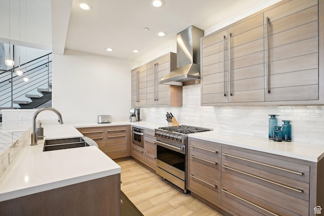 6412 Golden Bear Loop W, Park City, UT 84098 - kitchen featuring wall chimney exhaust hood, stainless steel appliances, a sink, recessed lighting, and backsplash