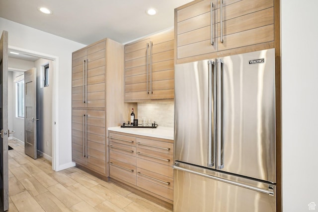 6412 Golden Bear Loop W, Park City, UT 84098 - kitchen featuring high quality fridge, light brown cabinetry, baseboards, light countertops, and recessed lighting