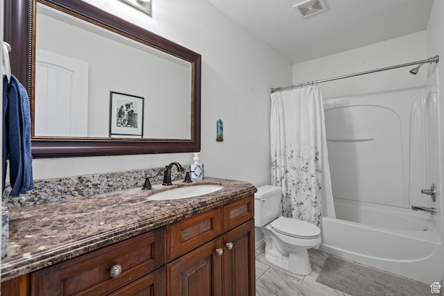 full bathroom with shower / bath combo, toilet, and vanity