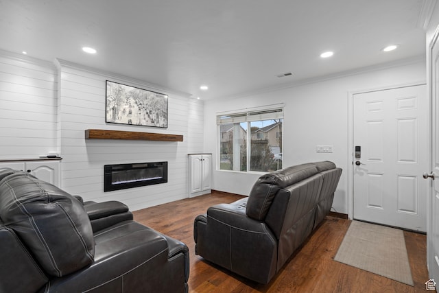 living room with crown molding, a large fireplace, and dark wood-type flooring
