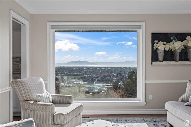 living area featuring a wealth of natural light, crown molding, a mountain view, and wood-type flooring