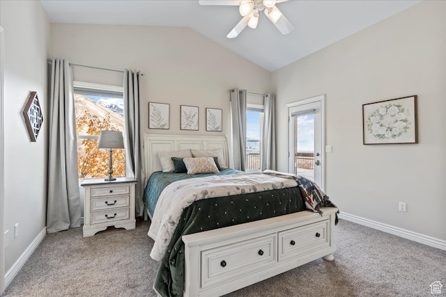 bedroom with carpet, ceiling fan, lofted ceiling, and multiple windows
