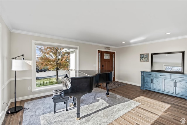 living area featuring wood-type flooring and ornamental molding