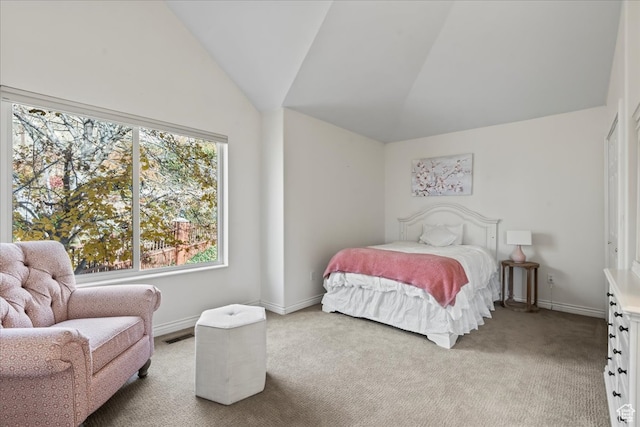 bedroom featuring carpet flooring and vaulted ceiling