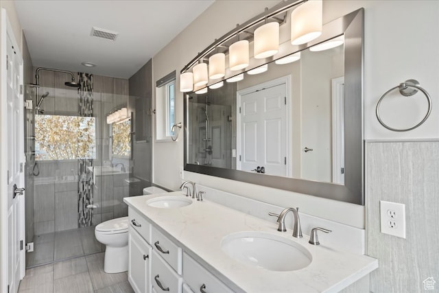 bathroom with vanity, toilet, and walk in shower