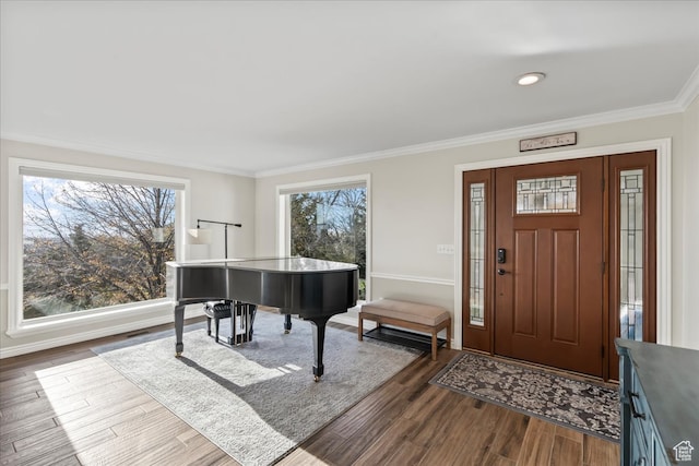 entrance foyer with hardwood / wood-style flooring, a healthy amount of sunlight, and crown molding