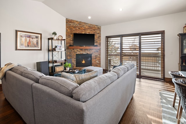 980 W White Cloud Trl, Hideout, UT 84036 - living room featuring a stone fireplace, dark hardwood / wood-style flooring, and vaulted ceiling