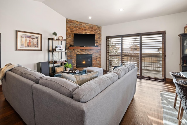 980 W White Cloud Trl, Hideout, UT 84036 - living room with lofted ceiling, a stone fireplace, wood finished floors, and recessed lighting