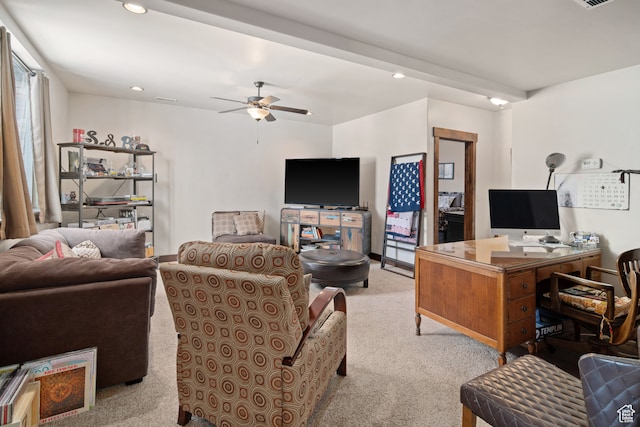 980 W White Cloud Trl, Hideout, UT 84036 - carpeted living room featuring beam ceiling and ceiling fan