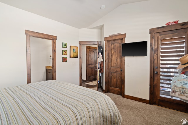 980 W White Cloud Trl, Hideout, UT 84036 - bedroom featuring carpet flooring, vaulted ceiling, and ensuite bath