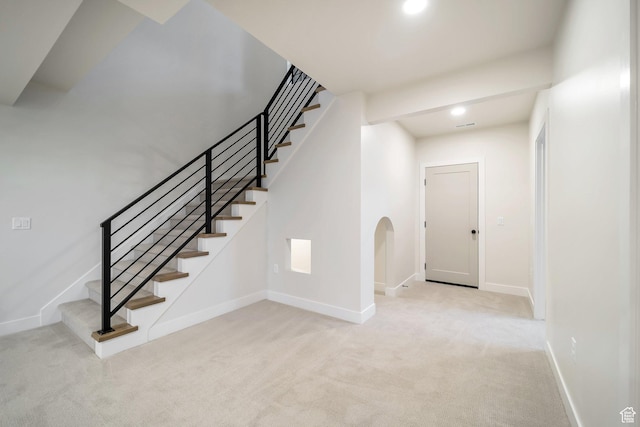 176 S 1150 E, Pleasant Grove, UT 84062 - stairway with carpet flooring, baseboards, arched walkways, and recessed lighting