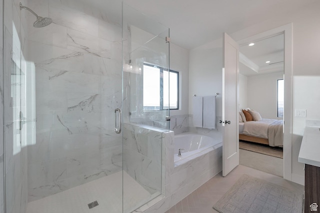 176 S 1150 E, Pleasant Grove, UT 84062 - bathroom with a bath, a marble finish shower, ensuite bathroom, recessed lighting, and vanity