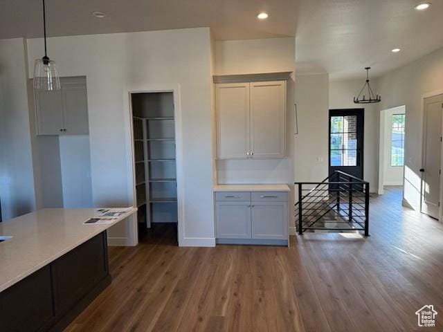 176 S 1150 E, Pleasant Grove, UT 84062 - kitchen featuring wood finished floors, light countertops, decorative light fixtures, and recessed lighting