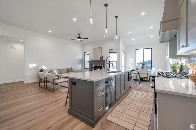 176 S 1150 E, Pleasant Grove, UT 84062 - kitchen with gray cabinetry, stainless steel dishwasher, light wood finished floors, light countertops, and a fireplace