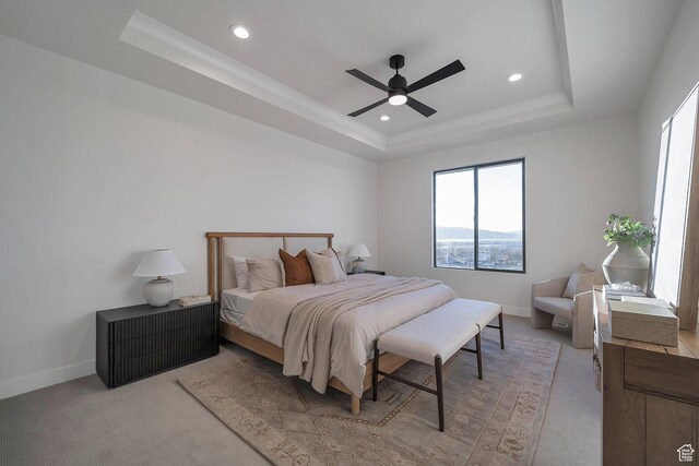 176 S 1150 E, Pleasant Grove, UT 84062 - bedroom with a raised ceiling, light colored carpet, recessed lighting, baseboards, and a ceiling fan
