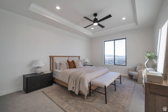 176 S 1150 E, Pleasant Grove, UT 84062 - bedroom featuring a tray ceiling, light colored carpet, recessed lighting, and a ceiling fan
