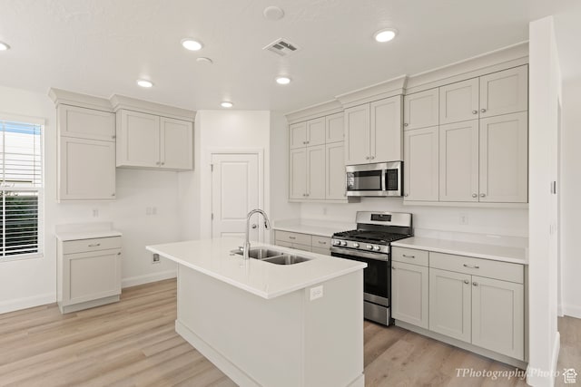 660 W Cypress Umber Dr, St George, UT 84790 - kitchen with visible vents, a sink, a kitchen island with sink, light wood finished floors, and stainless steel appliances