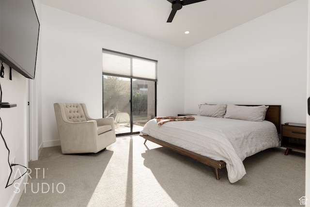 bedroom featuring access to outside, recessed lighting, a ceiling fan, and light colored carpet