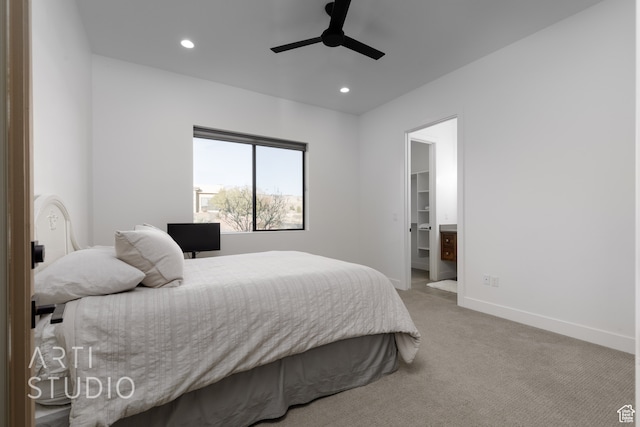 bedroom with recessed lighting, baseboards, ceiling fan, and light colored carpet