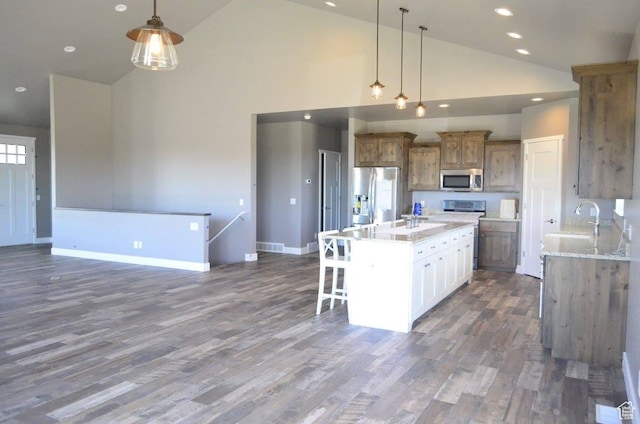 355 S 200 W, Orangeville, UT 84537 - kitchen with dark hardwood / wood-style flooring, high vaulted ceiling, pendant lighting, white cabinets, and appliances with stainless steel finishes