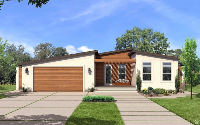 0, Hurricane, UT 84737 - modern home with a garage, concrete driveway, stucco siding, and covered porch