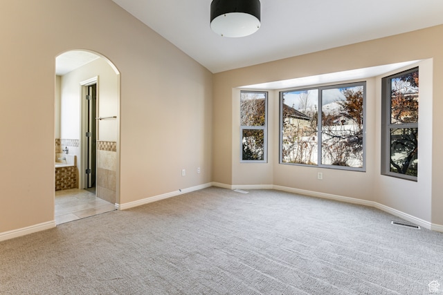 carpeted spare room with lofted ceiling