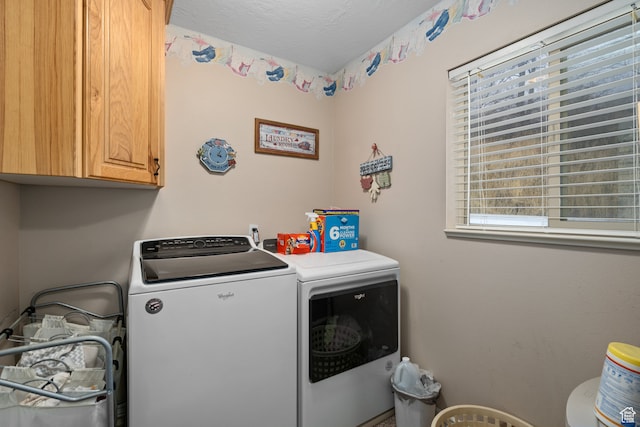3870 Mountain Top Cir W, Cedar Hills, UT 84062 - laundry area featuring cabinets, a textured ceiling, and separate washer and dryer