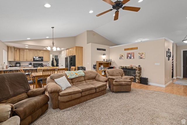 3870 Mountain Top Cir W, Cedar Hills, UT 84062 - living room with high vaulted ceiling, light hardwood / wood-style floors, and ceiling fan with notable chandelier