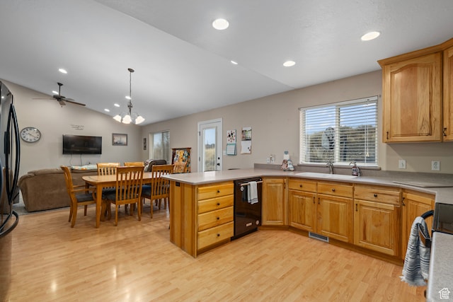 3870 Mountain Top Cir W, Cedar Hills, UT 84062 - kitchen with kitchen peninsula, sink, decorative light fixtures, light hardwood / wood-style flooring, and lofted ceiling