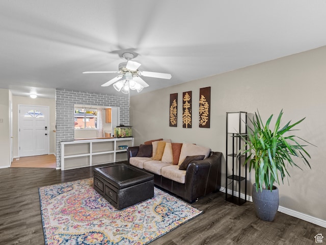 552 E 250 N, Bountiful, UT 84010 - living room featuring ceiling fan and dark wood-type flooring
