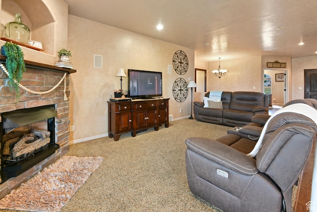 545 N 1100 E, Beaver, UT 84713 - living room featuring a chandelier, light colored carpet, baseboards, a stone fireplace, and recessed lighting
