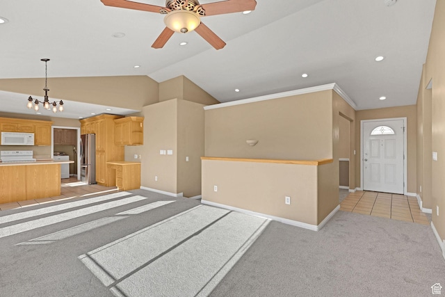 98 W 400 S, Smithfield, UT 84335 - unfurnished living room featuring lofted ceiling, light carpet, a chandelier, a ceiling fan, and recessed lighting