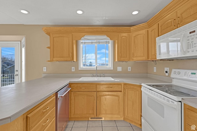 98 W 400 S, Smithfield, UT 84335 - kitchen featuring white appliances, a sink, light tile patterned floors, light countertops, and recessed lighting