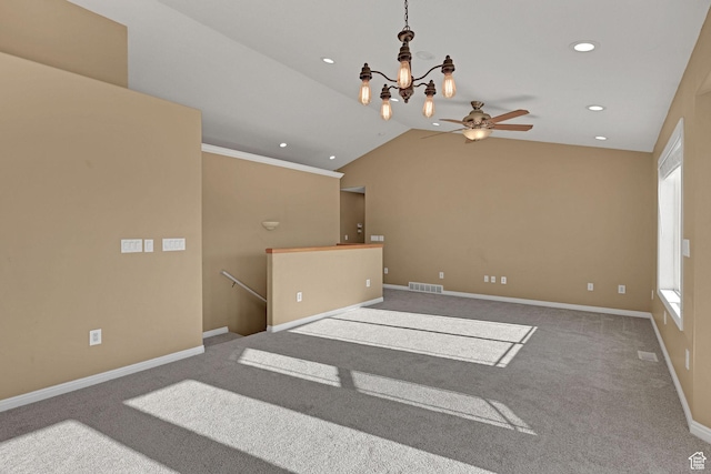 98 W 400 S, Smithfield, UT 84335 - unfurnished living room with ceiling fan, recessed lighting, carpet floors, vaulted ceiling, and healthy amount of natural light