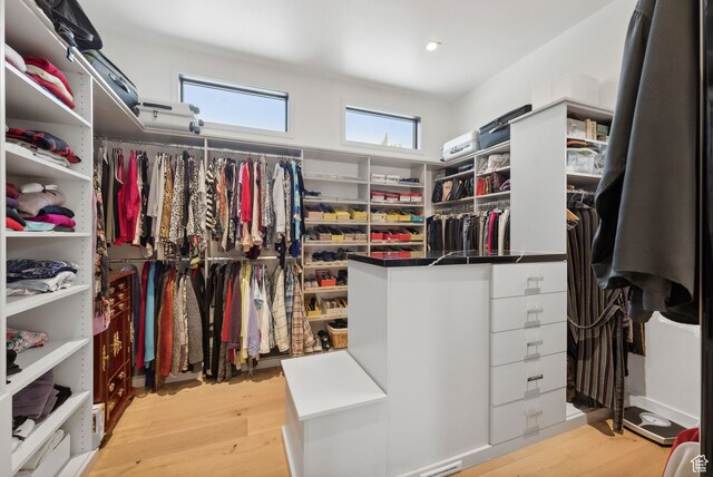 walk in closet with light wood-type flooring