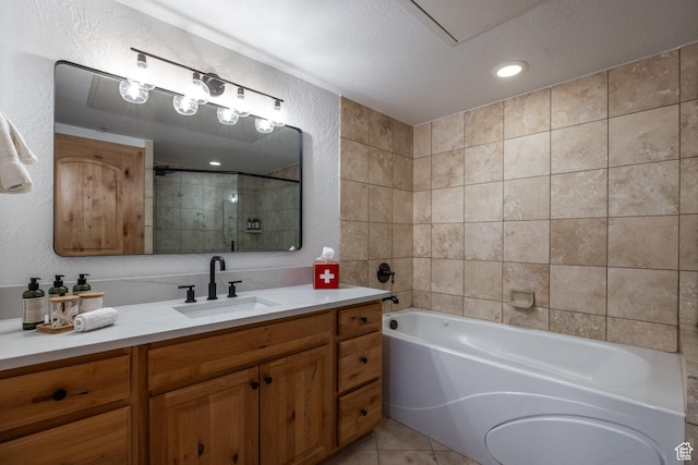 2653 W Canyons Resort Dr Unit 322, Park City, UT 84098 - full bath with vanity, a bathtub, a textured wall, a shower, and tile patterned flooring
